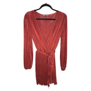 Zara Burgundy Ribbed Wrap Long Sleeve Dress size Small
